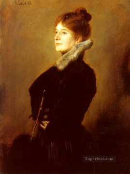  Con Pintura - Retrato de una dama vestida con un abrigo negro con cuello de piel Franz von Lenbach
